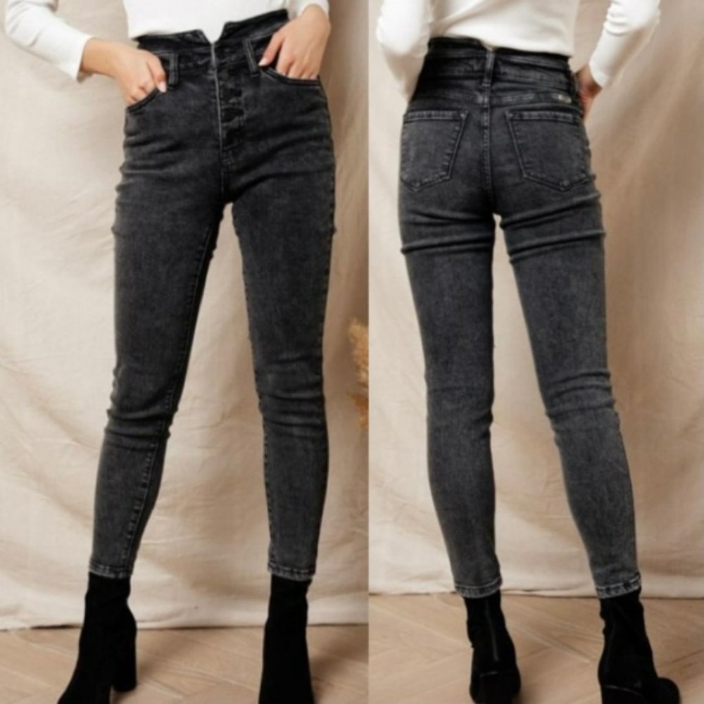 Kancan Black Acid Wash Notch Waistband Button Fly High Rise Skinny Jeans